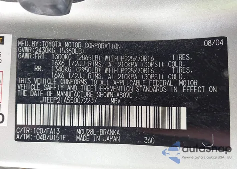 2005 Toyota Highlander V6 z USA, uszkodzony, nr VIN JTEEP21A550072237